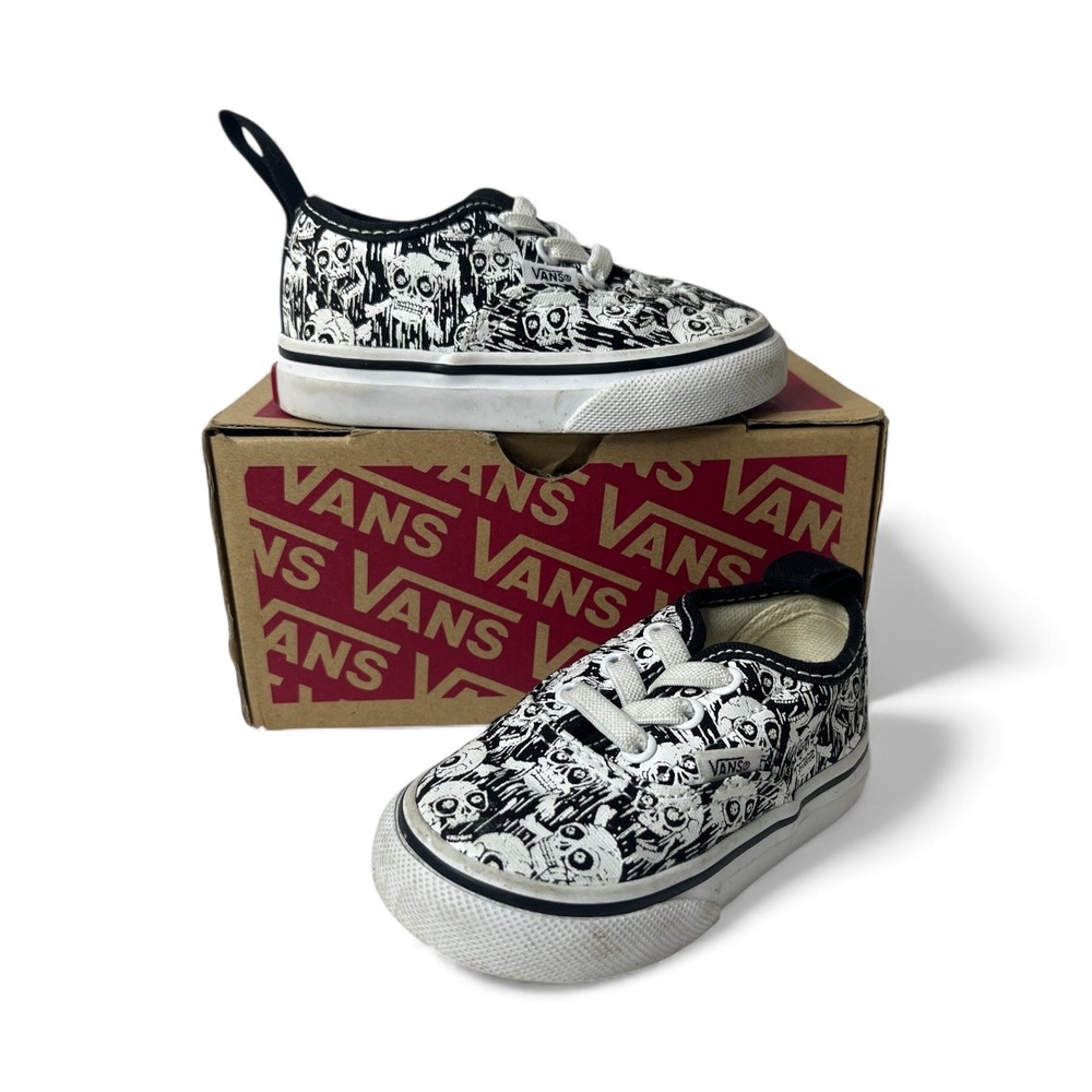 Toddler‎ Vans Authentic Skate Shoes Skull Print Black White Size 4 US